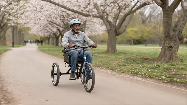 Elderly Man Riding Tricycle in Park Surrounded by Cherry Blossoms
