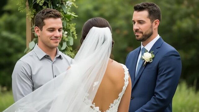 A wedding ceremony with two grooms and a bride in a serene outdoor setting