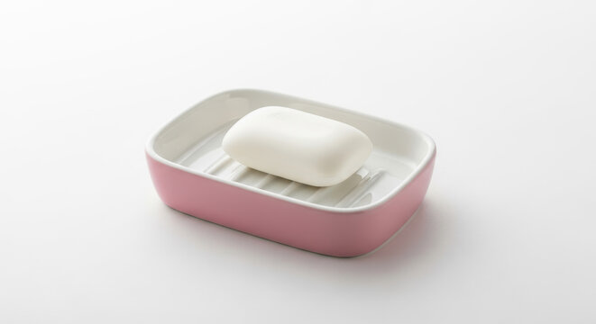 A closeup of a medical pill box and a white bar of soap in a dish isolated on a clean background for healthcare and hygiene treatment