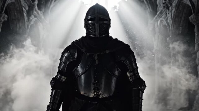 A powerful armored knight emerges from the misty depths of a dimly lit cavern, bathed in a dramatic shaft of light, embodying medieval valor and an epic, timeless quest