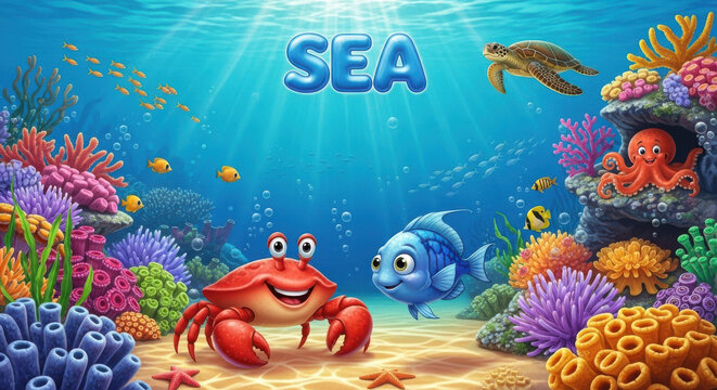 A fun cartoon illustration of tropical fish and coral reefs creates a colorful underwater frame for a summer marine nature design