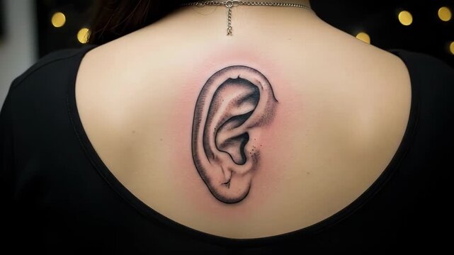 A woman shows off her new ear tattoo on her upper back