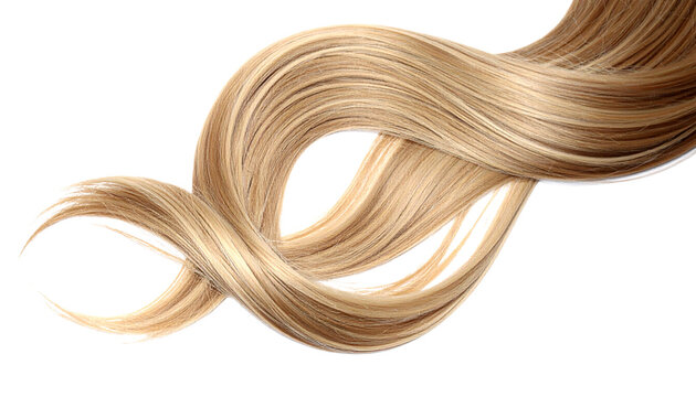 Smooth silky hair strand flowing in curved shape, isolated on transparent background, high detail, glossy shine