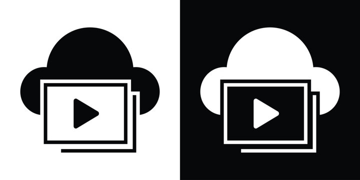 Vector illustration of a cloud icon combined with a video play button. Represents cloud-based media streaming, digital entertainment, online video storage, and modern content delivery services.