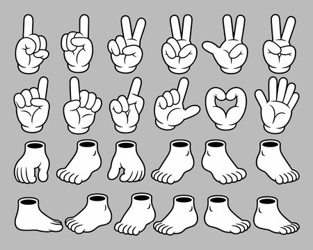 Cartoon glove hands and feet collection featuring diverse finger gestures and foot postures for character design assets. Vector illustration set showing playful mascots, comedic poses, and cartoon lim