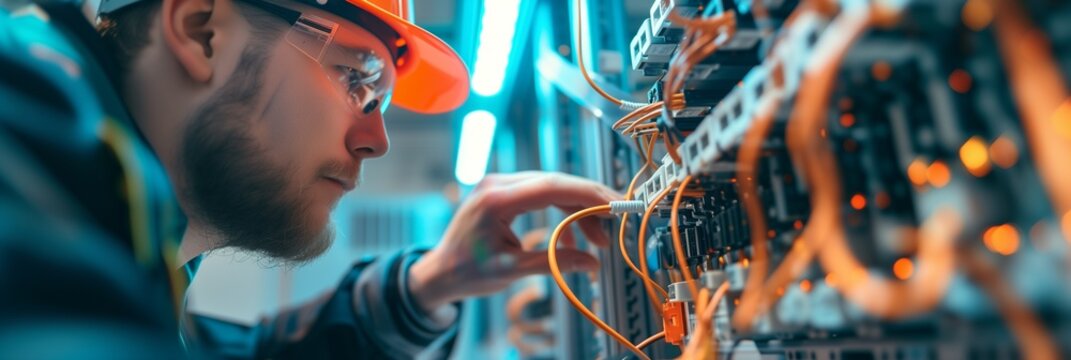 electrician and engineer work on an electrical circuit with many cables for communication and data transfer