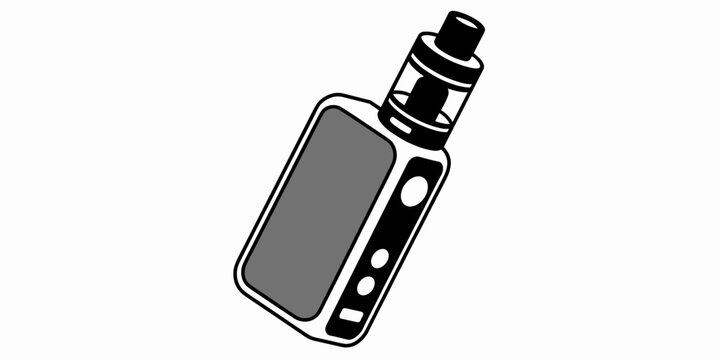 Minimalist vector illustration of a modern electronic cigarette vape mod with atomizer tank, sleek portable nicotine delivery device for vaping lifestyle, smoking cessation tool, isolated vaping hardw