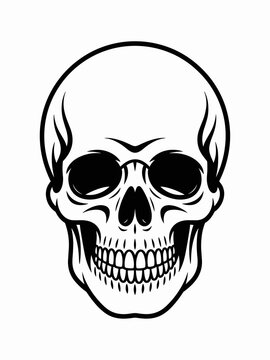 Minimalist human skull vector icon illustration featuring bold black outlines on a clean white background, ideal for tattoo designs, edgy apparel graphics, gothic merchandise, memento mori art concept