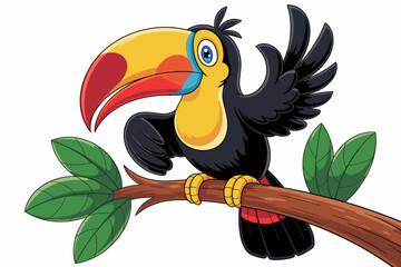 Obraz premium Happy tropical toucan bird illustration showing a fun cartoon character perched on a rustic tree branch with green leaves, colorful feathers, and vibrant beak, perfect mascot design for kids education