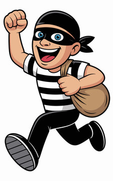 Cartoon burglar running with a stolen money bag sack, wearing a characteristic striped shirt and black eye mask, representing criminal activity, theft, crime, illegal robbery, concepts of law and orde