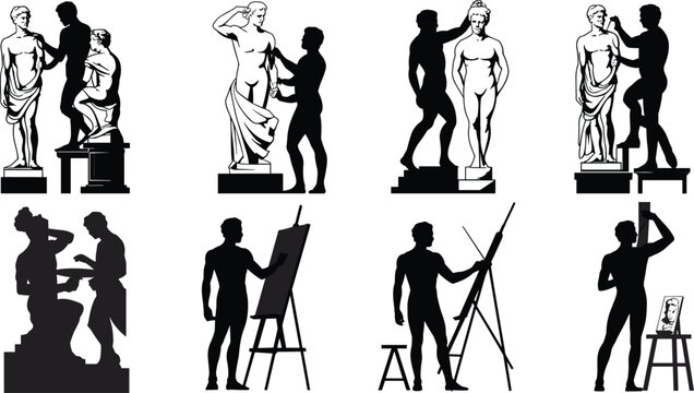 Artists sculptors silhouettes drawing painting classical statue creation icons flat vector