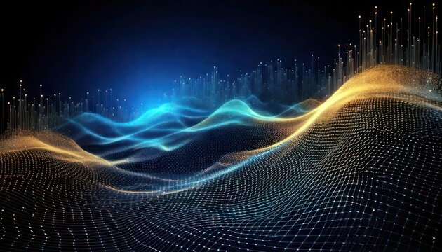 Abstract Digital Landscape of Glowing Blue and Orange Waves.