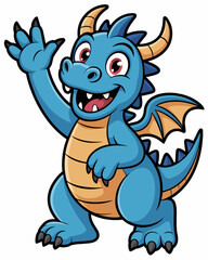 Obraz premium A happy cute blue dragon cartoon character waving hello with a friendly smile, standing isolated on a white background, perfect for playful children’s book illustrations, mascot designs, or nursery de