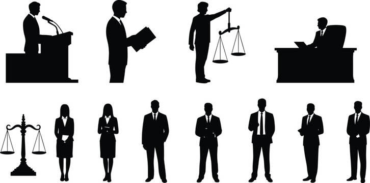Law justice silhouettes legal profession courtroom balance scales icons flat vector