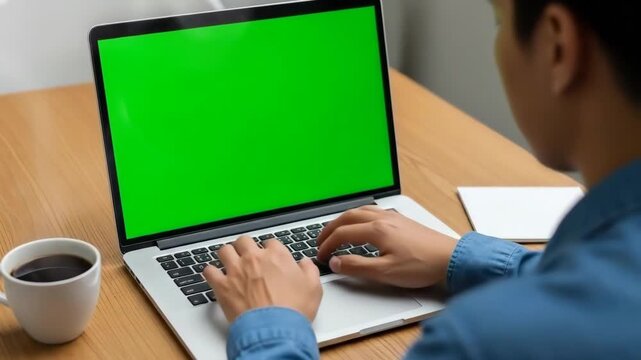 A man working on a laptop with a green screen in a modern workspace