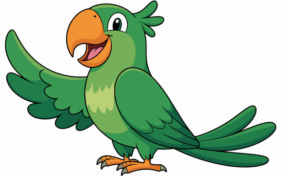 Friendly green parrot cartoon character waving hello on a clear white background expresses joy and happiness for kids educational designs books projects websites clip art illustrations and vector grap