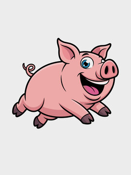Adorable cartoon piglet happily jumping through the air in a cheerful energetic pose, vibrant vector illustration featuring a cute pink swine character with a big friendly smile, ideal for nursery dec
