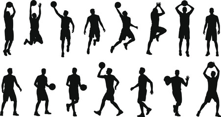 Fototapeta premium Basketball player silhouettes sports action dribbling shooting dunking icons flat vector