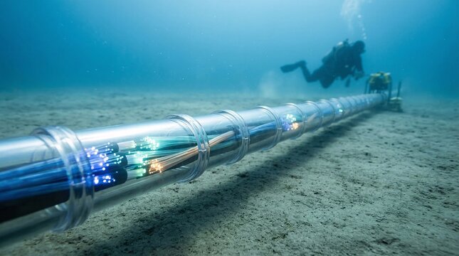 Diver exploring underwater fiber optic cable on ocean floor  
