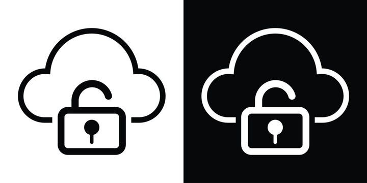 Line art cloud with an open padlock. Represents cloud security access, data decryption, system vulnerability, open source network storage, and digital safety permission levels.