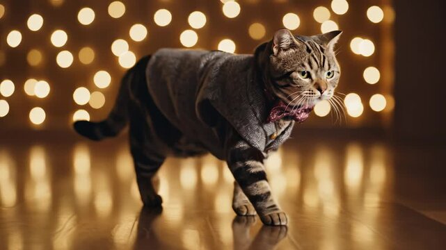 Cat in bow tie walking on floor