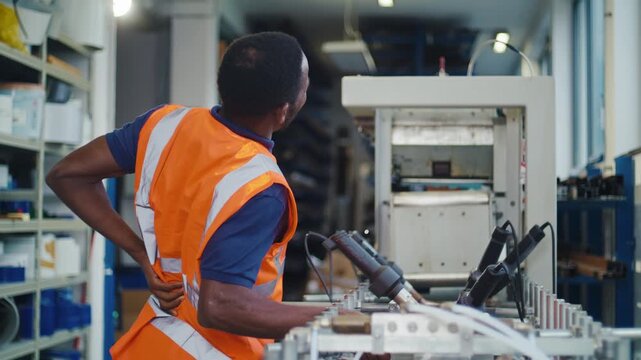 Worker with tension and back pain from manual labour in a factory environment, occupational safety and health risks in industrial settings.