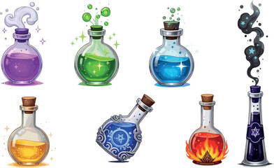 Magic Potion Bottles Vector Set with Colorful Elixirs, Smoke, Bubbles, Fire, and Sparkles for Fantasy, Alchemy, and Wizardry Design © Jisan