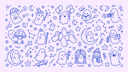 Obraz premium Halloween ghost doodle collection with simple outline style. Wizard, balloon, book, trumpet, mushroom, moon. Cute spooky elements for kids design, coloring pages and festive decoration.