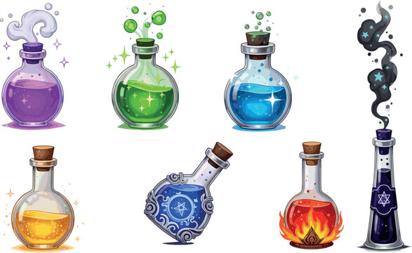 Magic Potion Bottles Vector Set with Colorful Elixirs, Smoke, Bubbles, Fire, and Sparkles for Fantasy, Alchemy, and Wizardry Design