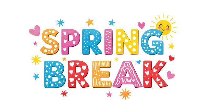 Vibrant spring break graphic with colorful letters and symbols