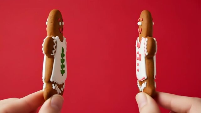 A of two gingerbread men decorated with icing on a red background
