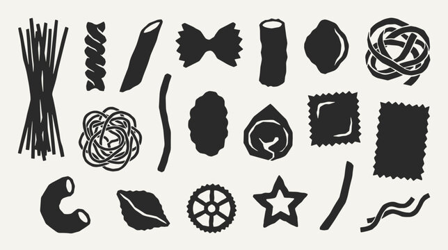 Pasta silhouette collection. Black icons set - spaghetti, fusilli, farfalle, rigatoni, lasagna, ravioli, tagliatelle, linguine, fettuccine, gnocchi. Vector linocut style minimalist design elements.