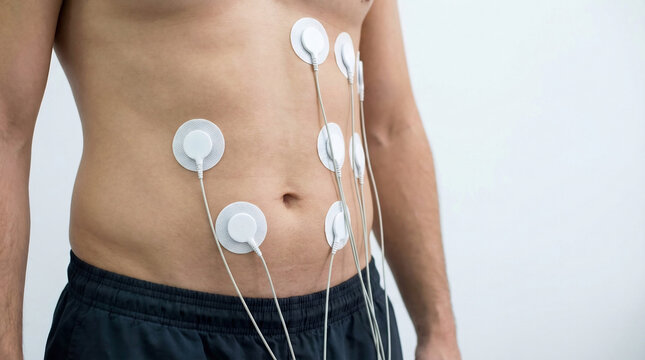 Man with electrodes attached to abdomen during medical procedure