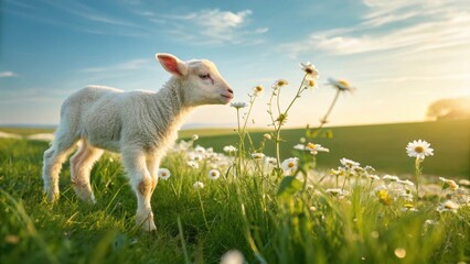 Obraz premium White lamb in a field of daisies