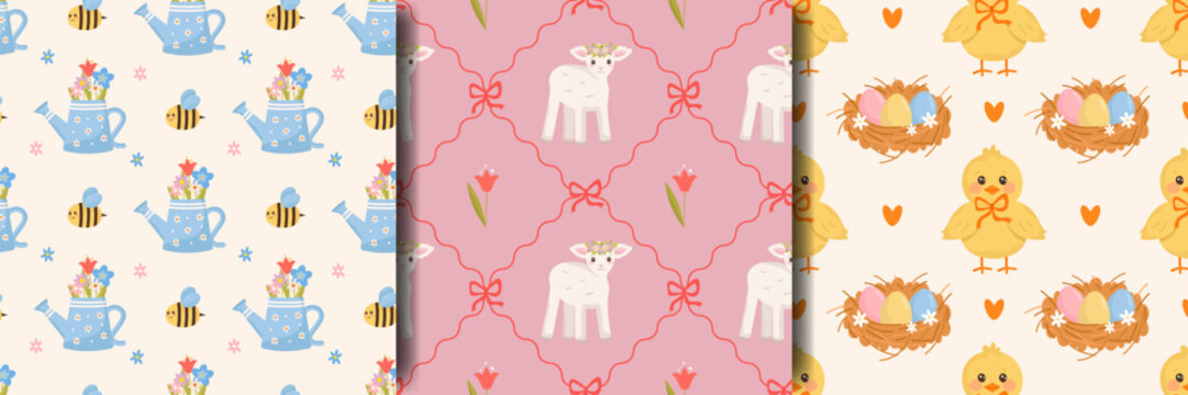 Easter seamless patterns set with cute lamb and chick, spring flowers, watering can. Pastel holiday backgrounds collection