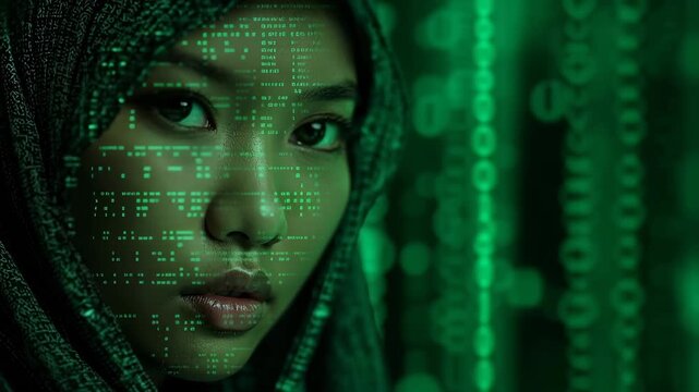 Futuristic portrait of a woman in hijab illuminated by glowing green digital binary code, artificial intelligence and big data concept