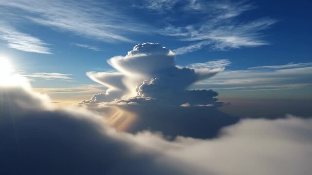 Aerial drone footage of dramatic sunlit clouds over blue sky with sunlight rays 4k