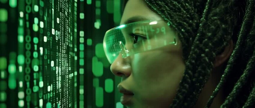 Futuristic portrait of an Asian Muslim woman in hijab wearing smart glasses reflecting green binary code, AI and cybersecurity concept.