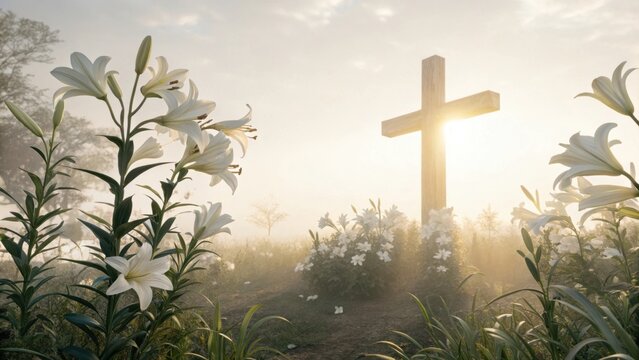 Easter cross with white lilies at sunrise