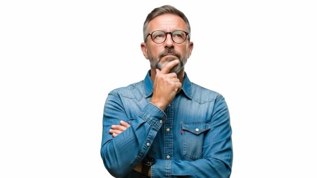 A thoughtful man in a blue denim shirt looks up with a puzzled expression