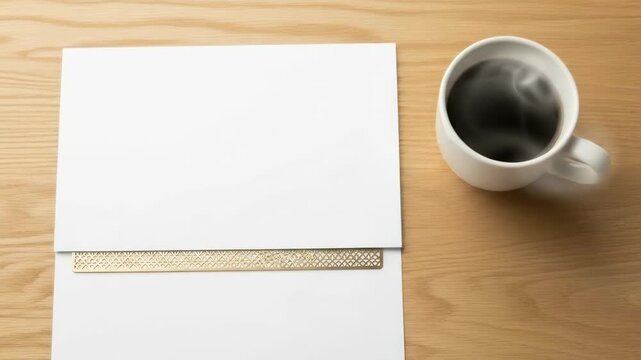 A serene workspace setup with a cup of coffee and an envelope on a wooden desk
