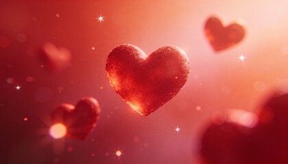 Obraz premium Floating glittery red heart shimmering in warm pink-to-rose gradient, with bokeh and sparkles