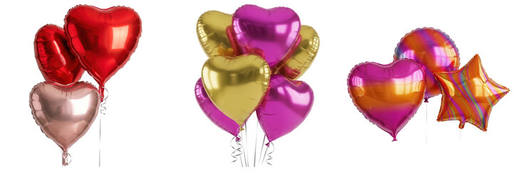 Photograph of vibrant heart and star foil balloon bouquets, isolated on transparent background for celebrations. © Akbar