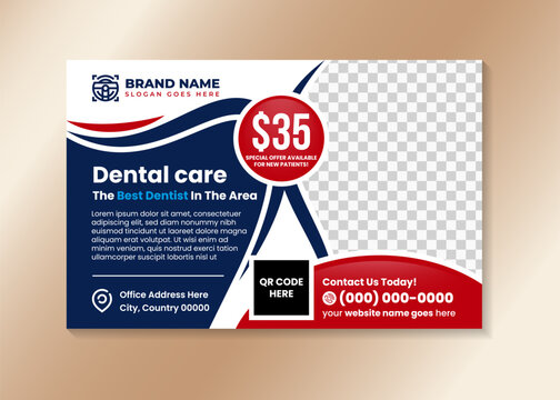 Horizontal flyer design template for professional dental care, the best dentist in the area. tooth shape for text. combination blue and red element isolated on white background. abstract modern design
