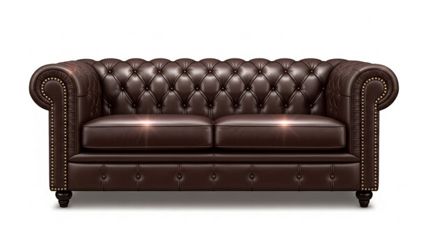 Classic Dark Brown Leather Sofa with Tufted Back Vector Illustration