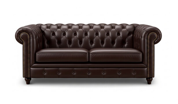 Classic Dark Brown Leather Sofa with Tufted Back Vector Illustration