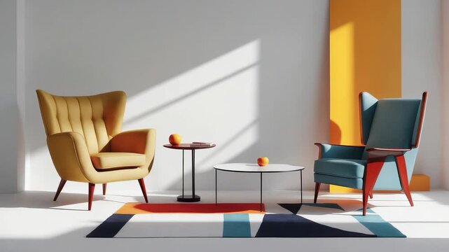 Modern interior design with colorful chairs and simple decor in bright light
