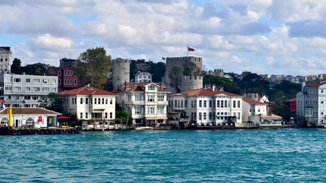 Historic Waterfront Mansions and Anadolu Hisarı Fortress Towers on the Bosphorus, Istanbul, Turkey