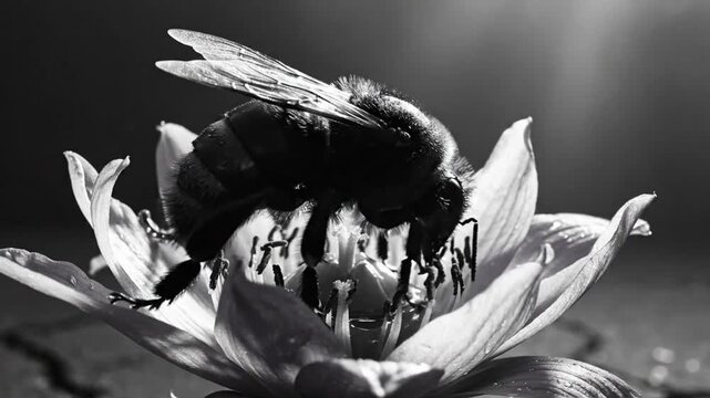 Black and white close up of a bee pollinating a flower with sunlight shining from above