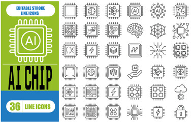 Naklejka premium Artificial intelligence line icons set, AI chip neural network security and technology symbols, minimal outline vector collection on transparent background